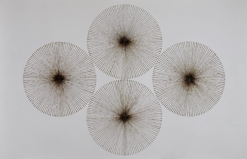 katrine hildebrand, 'expanded axis', 2020, hand burnt lines on paper, 44" x 68"