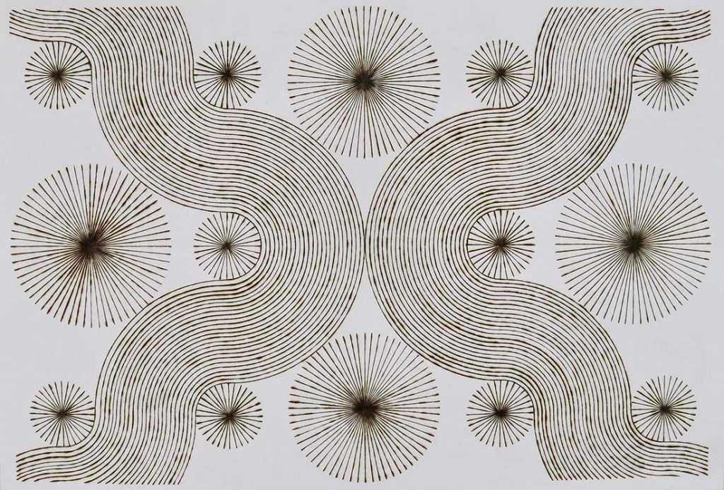 katrine hildebrand, 'pivotal points', 2020, hand burnt lines on paper, 30.5" x 44"