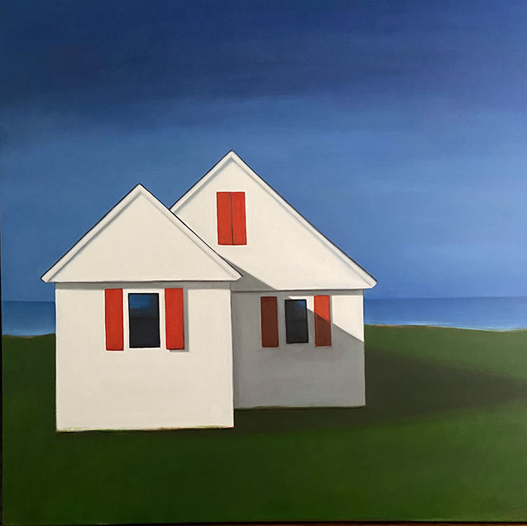 celine mcdonald, dwelling with red shutters, 2020, Oil on paper on wood, 8 x 8 in., 575.00